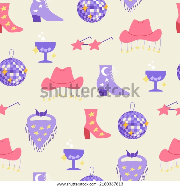 Seamless
pattern with cowboy and disco accessory. Cowgirl boots, hat,
bandana with stars and fringe, star shape sunglasses, disco ball
and cocktail. Vector background in disco style.
