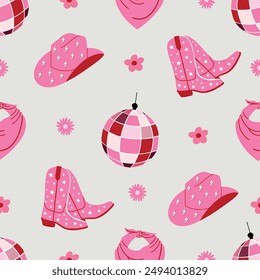 Seamless pattern with cowboy elements. Cowgirl boots and hat, bandana, disco ball. Wild west, western retro design. Pink background. Hand drawn vector illustration