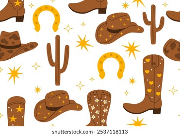 Seamless pattern with Cowboy fashion elements. Cowgirl boots, hat, horseshoe, cactus. Cowboy western and wild west theme. Rodeo design. Country music