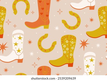 Seamless pattern with Cowboy fashion elements. Cowgirl boots, horseshoe. Cowboy western and wild west theme. Rodeo design. Country music