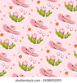 Seamless pattern with cowboy hat, cactuses and horseshoes on pink background. Cowgirl and cowboy Wild West concept. Repeatable elements design ready to print. Vector illustration.