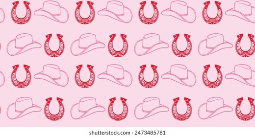 seamless pattern with cowboy hat and horseshoe. The wild west. pink background.