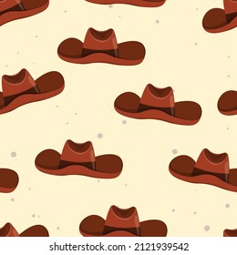 Seamless pattern with Cowboy hat on color background. Vector drawing illustration for icon, game, packaging, fabric, textile. Wild west, western, cowboy concept.