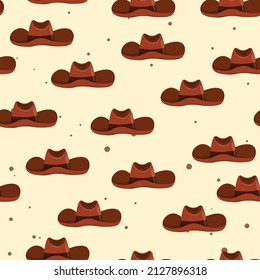 Seamless pattern with Cowboy hat on color background. Vector drawing illustration for icon, game, packaging, fabric, textile. Wild west, western, cowboy concept.