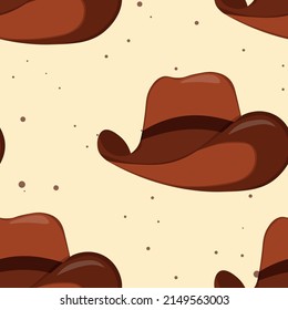 Seamless pattern with Cowboy hat on color background. Vector drawing illustration for icon, game, packaging, fabric, textile. Wild west, western, cowboy concept.