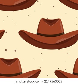 Seamless pattern with Cowboy hat on color background. Vector drawing illustration for icon, game, packaging, fabric, textile. Wild west, western, cowboy concept.