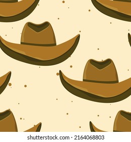 Seamless pattern with Cowboy hat on color background. Vector drawing illustration for icon, game, packaging, fabric, textile. Wild west, western, cowboy concept.