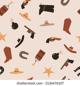 seamless pattern with cowboy hats, boots, bombs, dynamites and horseshoes. vector illustration for fabric, paper packaging and other