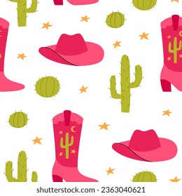 Seamless pattern with cowboy hats, boots and cactuses. Wild west vector flat background