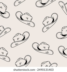 Seamless pattern with cowboy hats. Headwear background. Hand drawn illustration in sketch style.