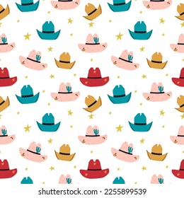 Seamless pattern with cowboy hats, symbols of wild darada, westerns. Vector hand drawn illustration