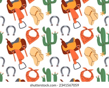Seamless pattern of cowboy symbols. Western theme wild west concept..Hand drawn colored vector set. Clipart icons.