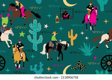 seamless pattern with cowboys and cacti, star and horses, vector design for  paper, fabric and other surfaces