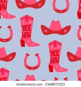 Seamless pattern with cowgirl boots, horseshoes and hats. Vector flat background in disco cowboy style. Yeehaw phrase on the boots