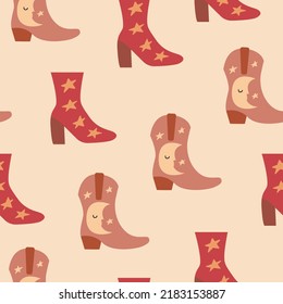 Seamless pattern with cowgirl boots with snakes and stars. Wild west, western hand drawn vector trendy background.