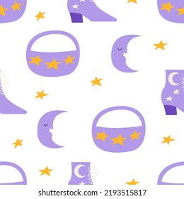 Seamless pattern with cowgirl disco accessories. Cowboy boots, baguette bag. crescent moon and stars. Vector flat background 