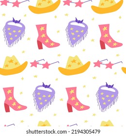 Seamless pattern with cowgirl disco accessories. Bandana, star shape sunglasses, cowboy hat and boots. Vector flat background 