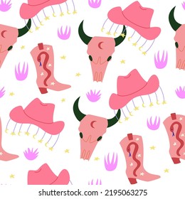 Seamless pattern with cowgirl disco accessories. Bull skull, cowboy hat and boots. Vector flat background 