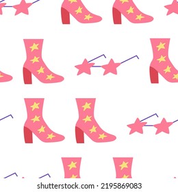 Seamless pattern with cowgirl disco accessories. Cowboy boots and star shape sunglasses. Vector flat background 