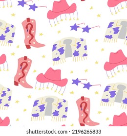 Seamless pattern with cowgirl disco accessories. Jacket with cow print, star shape sunglasses, cowboy hat and boots. Vector flat background 