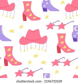 Seamless pattern with cowgirl disco accessories. Cowboy hat, boots and star shape sunglasses. Vector flat background 