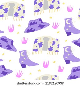 Seamless pattern with cowgirl disco clothes. Jacket with cow print, cowboy hat and boots. Vector flat background 