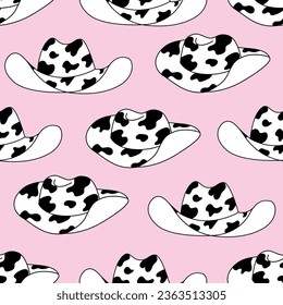 Seamless pattern with cowgirl hats and animal cow print. Vector outline cowboy western background