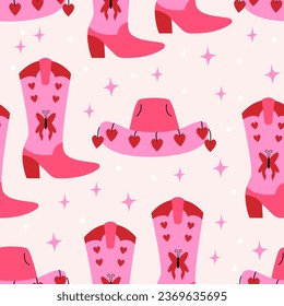 Seamless pattern with cowgirl hats and boots. Vector flat background