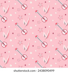 Seamless pattern for cowgirl in pink. Banjos, sheriff star and feather in pink color. Cowgirl and cowboy Wild West concept. Repeatable elements on pink background ready to print. Vector illustration.