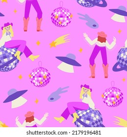 Seamless pattern with cowgirls, disco balls, alien ship and stars. Vector flat illustration. Background in western, disco party concept