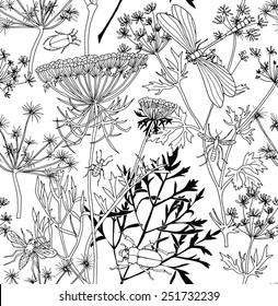 Seamless Pattern Cow-Parsnip with Insects Black & White