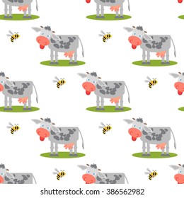 Seamless pattern with cows and bees.