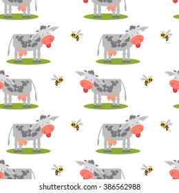 Seamless pattern with cows and bees.