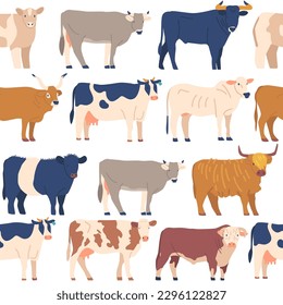 Seamless Pattern With Cows And Bulls Perfect For Textiles, Wallpapers, And Stationery. Fun, Lively, And Playful Design