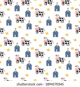 Un patrón sin fisuras con vacas y pollos con una casa de campo de estilo plano para ropa infantil, papelería, accesorios, textiles. Ilustración vectorial. 