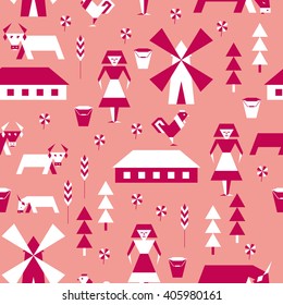 Seamless pattern with cows, chickens and milkmaid. Pink.