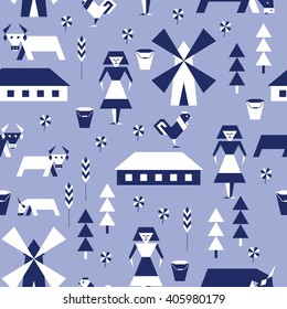Seamless pattern with cows, chickens and milkmaid. Blue.