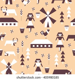 Seamless pattern with cows, chickens and milkmaid. Brown.