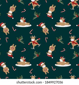 
patrón impecable con vacas y decoraciones navideñas en un fondo azul. imprimir para el diseño de tela y papel de envoltura.