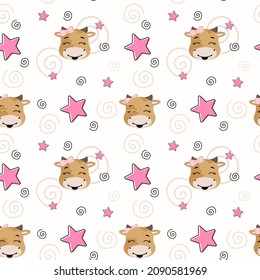 Seamless pattern with cows, curls and stars