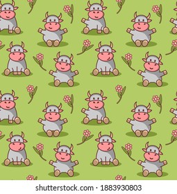 Seamless pattern with cows and flowers on green background in cartoon style. Vector graphic children design for textile, fabric, tissue, web banner, poster, wrapping paper, gift box, postcard