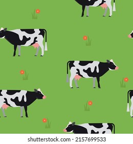 Seamless pattern with cows and flowers on green field. Vector illustration. 