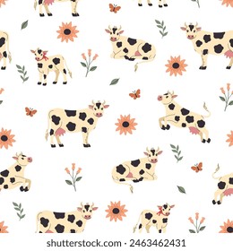 Seamless pattern with cows and flowers. Vector graphics.