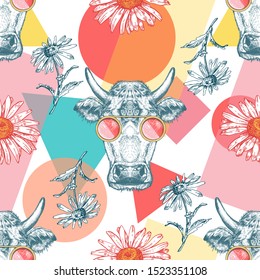 Seamless pattern with cows, geometric shapes and wildflowers. Pop Art. Colorful background. Design for fabrics, wallpaper. Fashion print.