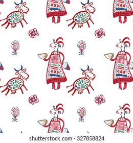 Seamless pattern with cows and goat in ethnic clothes. Hand drawn background.
