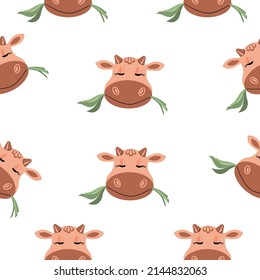 Seamless pattern of a cow's head chewing grass on a white background.Vector pattern can be used in textiles, packaging of dairy products.