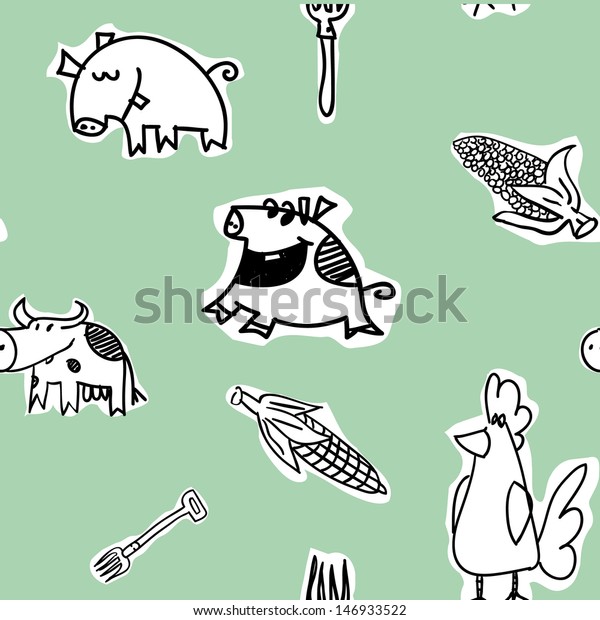 Seamless\
pattern, cows, hens, pigs - vector\
illustration