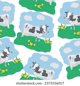Seamless pattern with cows, meadow, dandelions and sky. Vector illustration for fabric, background, web.