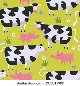 Seamless pattern with cows, pigs, grass and flowers. Vector illustration.