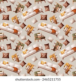 Seamless pattern with Cozy armchair, sofa, pillows. Interior design, furniture, living room, home decor concept. Vector illustration for background, scrapbook, wrapping paper.